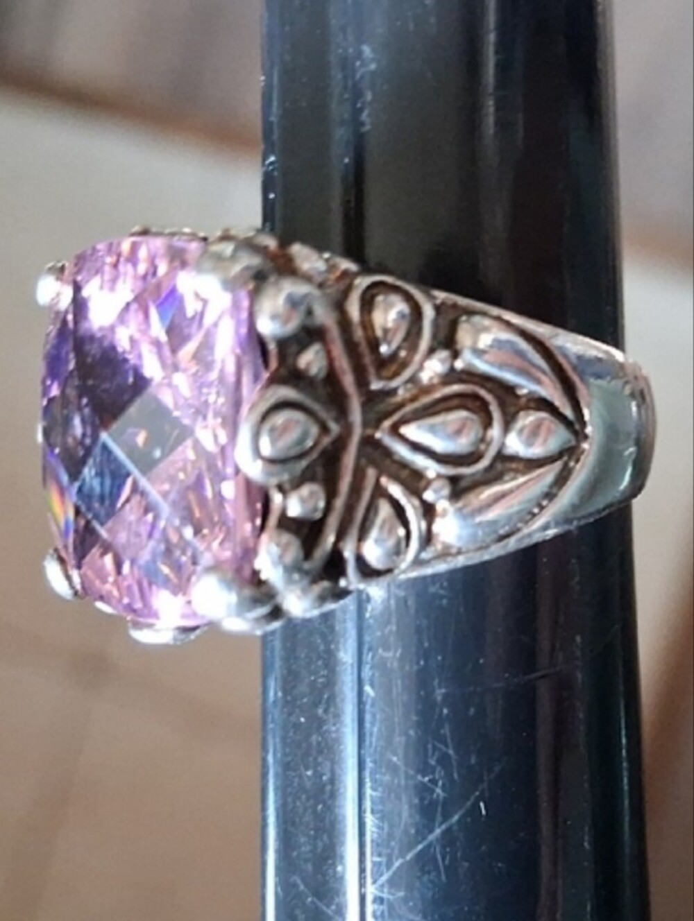 925 Sterling Silver Ornate Pink Cushion Cut Cocktail Statement Ring Size 6.5